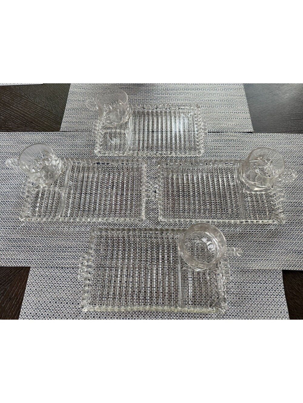 Vintage Clear Glass Snack Set - 4 Trays and 4 Bubble Handle Cups